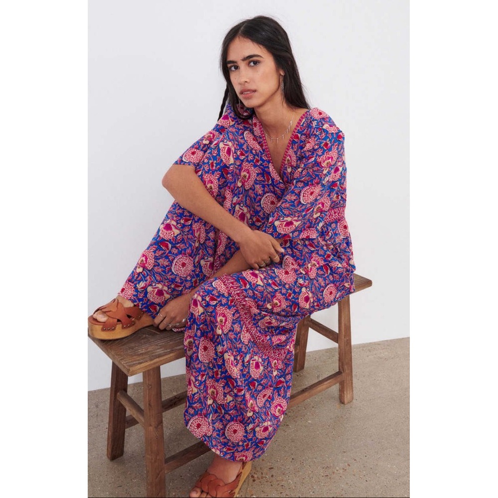 Ba&sh Vally Floral Maxi Dress Blue Pink Boho Tiered V-Neck Size M